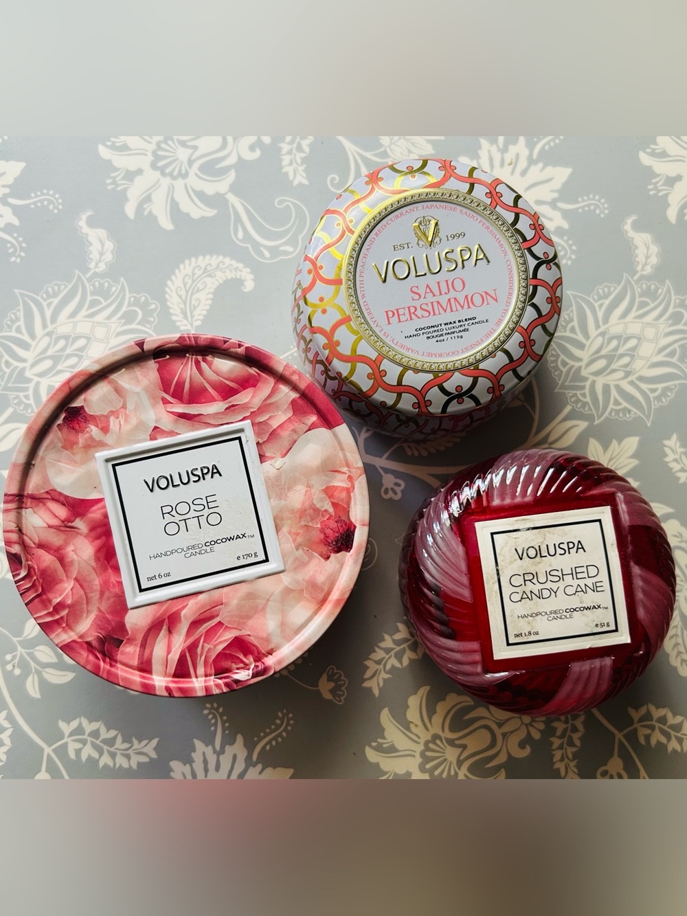 Voluspa candles lot 3 glass macaron rose candy cane retired scent Anthropologie